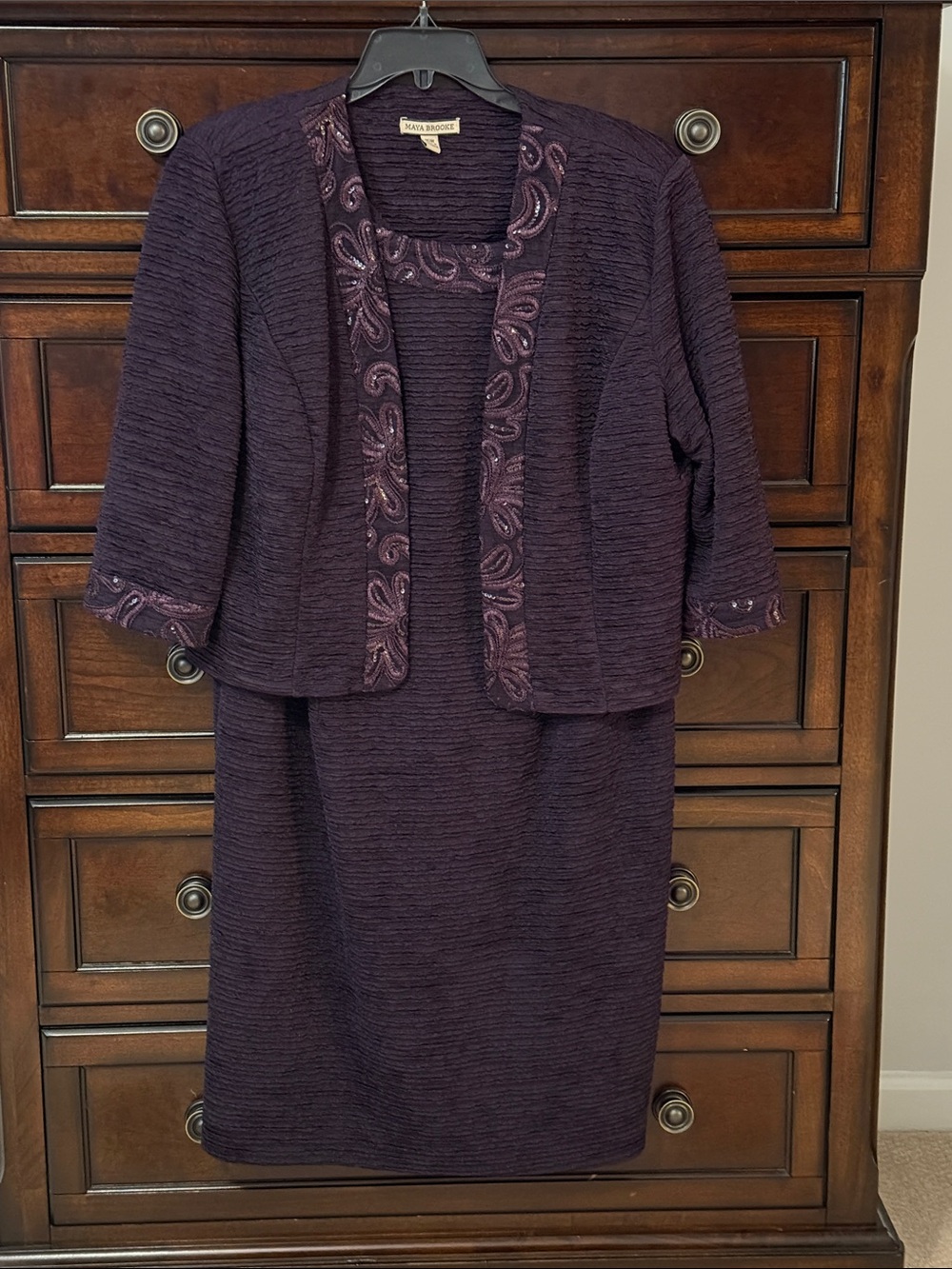 Maya Brooke Deep Purple Textured Skirt Suit with Embroidered Trim
